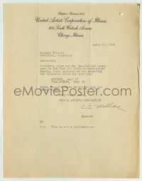 4d258 UNITED ARTISTS 9x11 studio booking letter '26 from the company to a theater owner!