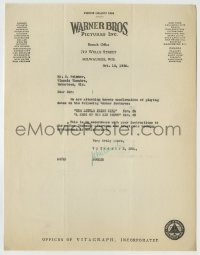 4d261 WARNER BROS 9x11 studio booking letter '26 from the company to a theater owner!