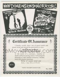 4d063 WITCHMAKER/CORPSE GRINDERS 9x11 certificate of assurance '70s hold them harmless if you die!