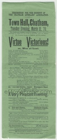 4d101 VIRTUE VICTORIOUS stage play handbill 1878 a comedy drama in three acts!