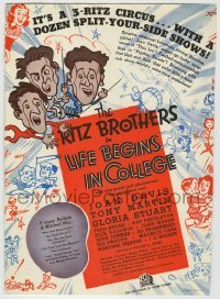 4d332 LIFE BEGINS IN COLLEGE trade ad '37 The Ritz Brothers play football, great cartoon art!