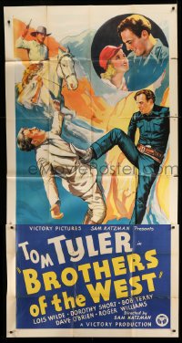 4f623 BROTHERS OF THE WEST 3sh '37 cool montage art of Tom Tyler beating up bad guy & romancing!