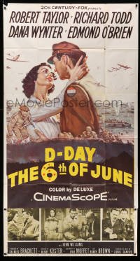 4f671 D-DAY THE SIXTH OF JUNE 3sh '56 romantic art of Robert Taylor & sexy Dana Wynter in WWII!