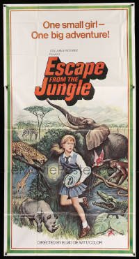 4f690 ESCAPE FROM THE JUNGLE 3sh '72 cool art of school girl in jungle surrounded by wild animals!