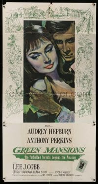 4f728 GREEN MANSIONS 3sh '59 cool art of Audrey Hepburn & Anthony Perkins by Joseph Smith!