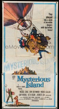 4f831 MYSTERIOUS ISLAND 3sh '61 Ray Harryhausen, Jules Verne sci-fi, cool hot-air balloon art!