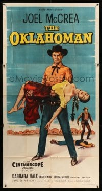 4f843 OKLAHOMAN 3sh '57 art of cowboy Joel McCrea holding Native American Gloria Talbot!
