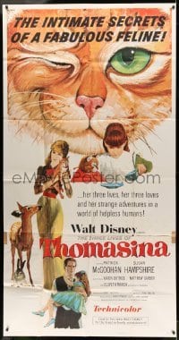 4f934 THREE LIVES OF THOMASINA 3sh '64 Walt Disney, great art of winking & smiling cat!