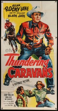 4f937 THUNDERING CARAVANS 3sh '52 great artwork of cowboy Rocky Lane w/smoking gun & Black Jack!