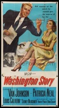 4f965 WASHINGTON STORY 3sh '52 pretty news reporter Patricia Neal gets a surprise from Van Johnson!
