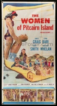 4f990 WOMEN OF PITCAIRN ISLAND 3sh '57 James Craig lifting sexy Lynn Bari in swimsuit, South Seas!