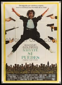 4f354 JUMPIN' JACK FLASH Argentinean 42x57 '86 Whoopi Goldberg in mid-air w/6 guns pointed at her!