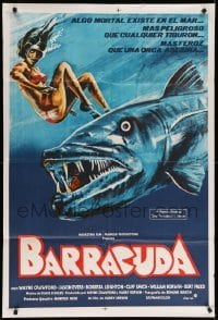 4f378 BARRACUDA Argentinean '79 great artwork of huge killer fish attacking sexy diver in bikini!