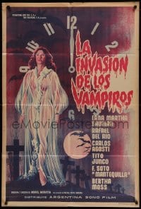 4f463 LA INVASION DE LOS VAMPIROS Argentinean '63 cool art of sexy vampire in see-through robe!