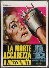 4f112 DEATH WALKS AT MIDNIGHT Italian 1p '72 Symeoni art of scared woman & bloody spiked gauntlet!