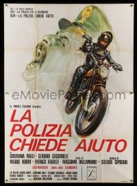4f061 WHAT HAVE THEY DONE TO YOUR DAUGHTERS? Italian 2p '74 cool art of cop on motorcycle with gun!