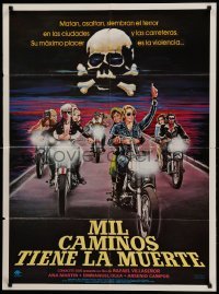 4g043 MIL CAMINOS TIENE LA MUERTE Mexican poster '77 art of bikers & skull and crossbones!