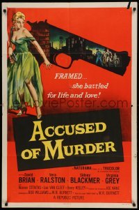 4j023 ACCUSED OF MURDER 1sh '57 cool sexy girl and gun noir image, she battled for life & love!