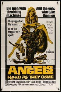 4j047 ANGELS HARD AS THEY COME 1sh '71 cool artwork of biker on his motorcycle & his babe!
