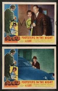 4k266 FOOTSTEPS IN THE NIGHT 8 LCs '57 full-length detective Bill Elliott with gun standing by car!