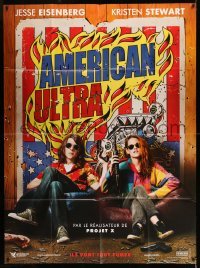 4p551 AMERICAN ULTRA teaser French 1p '15 great image of Jesse Eisenberg & Kristen Stewart w/ guns!