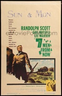 4p253 7 MEN FROM NOW WC '56 Budd Boetticher, great art of cowboy Randolph Scott with rifle!