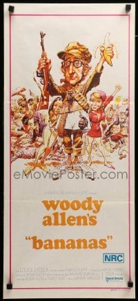 4r617 BANANAS Aust daybill '72 great artwork of Woody Allen by E.C. Comics artist Jack Davis!