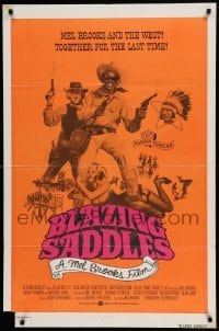 4t102 BLAZING SADDLES int'l 1sh '74 Mel Brooks western, different cast montage on orange background