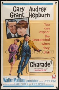 4t182 CHARADE 1sh '63 art of tough Cary Grant & sexy Audrey Hepburn, expect the unexpected!