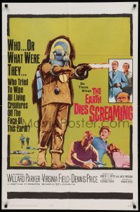 4t287 EARTH DIES SCREAMING 1sh '64 Terence Fisher sci-fi, wacky monster, who or what were they?
