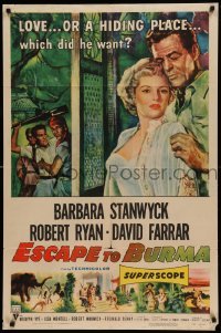4t294 ESCAPE TO BURMA 1sh '55 Robert Ryan & Barbara Stanwyck in the jungle!