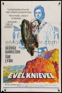 4t296 EVEL KNIEVEL 1sh '71 George Hamilton is THE daredevil, great art of motorcycle jump!