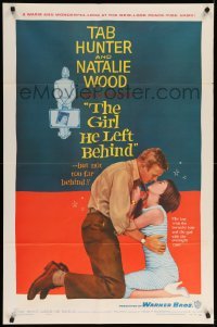 4t369 GIRL HE LEFT BEHIND 1sh '56 romantic image of Tab Hunter about to kiss Natalie Wood!