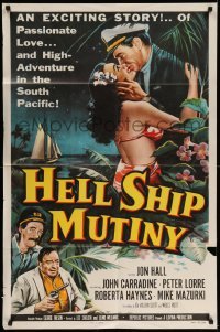 4t417 HELL SHIP MUTINY 1sh '57 Jon Hall kisses tropical bikini babe, John Carradine, Peter Lorre