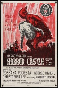4t436 HORROR CASTLE 1sh '64 Where the Blood Flows, cool art of cloaked figure carrying girl!