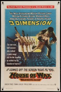 4t443 HOUSE OF WAX 3D 1sh '53 art of monster & sexy girls kicking off the movie screen!