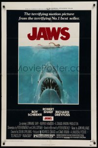 4t481 JAWS 1sh '75 artwork of Steven Spielberg's classic man-eating shark attacking sexy swimmer!