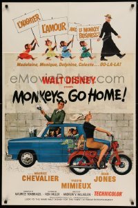 4t586 MONKEYS GO HOME 1sh '67 Disney, art of Maurice Chevalier, Yvette Mimieux & apes!