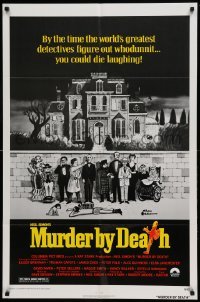 4t593 MURDER BY DEATH 1sh '76 great Charles Addams art of cast by dead body, yellow title design!