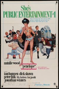 4t651 PENELOPE 1sh '66 Maurice Thomas art of sexiest Natalie Wood with big money bags and gun!