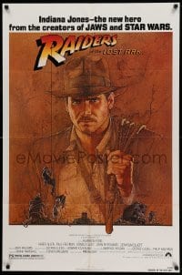 4t696 RAIDERS OF THE LOST ARK 1sh '81 great art of adventurer Harrison Ford by Richard Amsel!