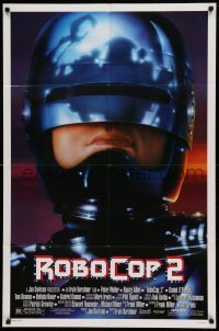 4t715 ROBOCOP 2 DS 1sh '90 great close up of cyborg policeman Peter Weller, sci-fi sequel!
