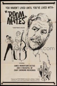 4t728 ROOMMATES 1sh '61 art of James Robertson Justice & sexy girl on bass!