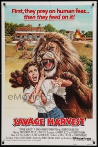 4t741 SAVAGE HARVEST int'l 1sh '81 wild artwork of African lion attacking sexy girl by Larkin!