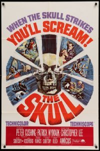 4t786 SKULL 1sh '65 Peter Cushing, Christopher Lee, cool horror artwork of creepy skull!