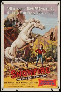 4t802 SNOWFIRE 1sh '58 McGowan family directs & stars, Ken Sawyer art of wild white stallion!