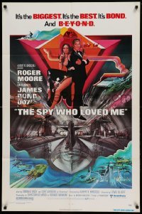 4t821 SPY WHO LOVED ME 1sh '77 cool art of Roger Moore as James Bond by Bob Peak!