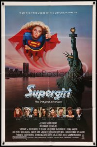 4t853 SUPERGIRL 1sh '84 super Helen Slater in costume flying over Statue of Liberty!