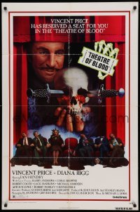 4t880 THEATRE OF BLOOD 1sh '73 great art of Vincent Price holding bloody skull w/dead audience!