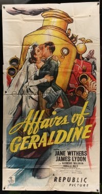 4w373 AFFAIRS OF GERALDINE 3sh '46 art of bride Jane Withers & groom James Lydon on firetruck!